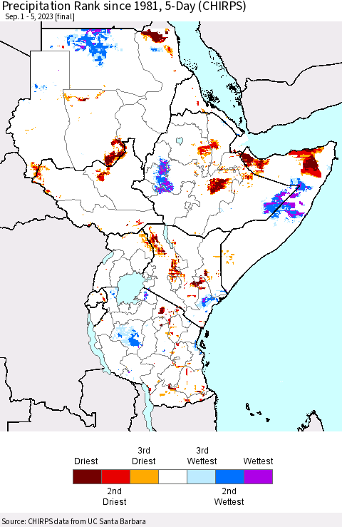 Eastern Africa Precipitation Rank since 1981, 5-Day (CHIRPS) Thematic Map For 9/1/2023 - 9/5/2023