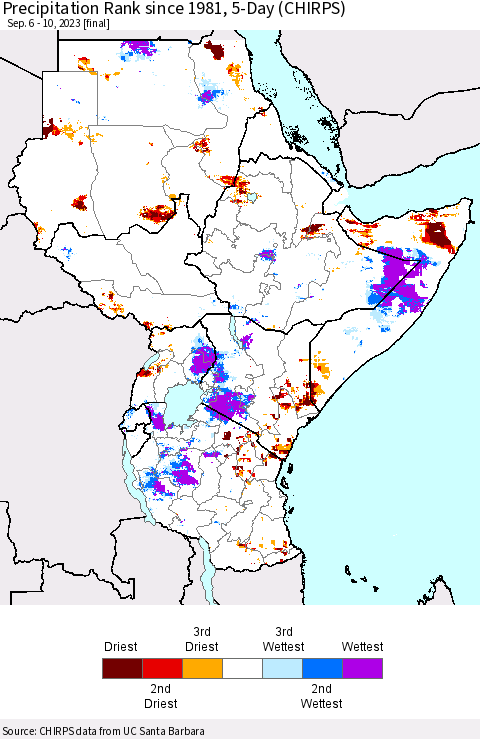 Eastern Africa Precipitation Rank since 1981, 5-Day (CHIRPS) Thematic Map For 9/6/2023 - 9/10/2023