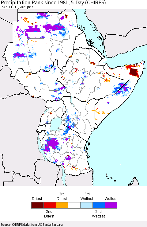 Eastern Africa Precipitation Rank since 1981, 5-Day (CHIRPS) Thematic Map For 9/11/2023 - 9/15/2023