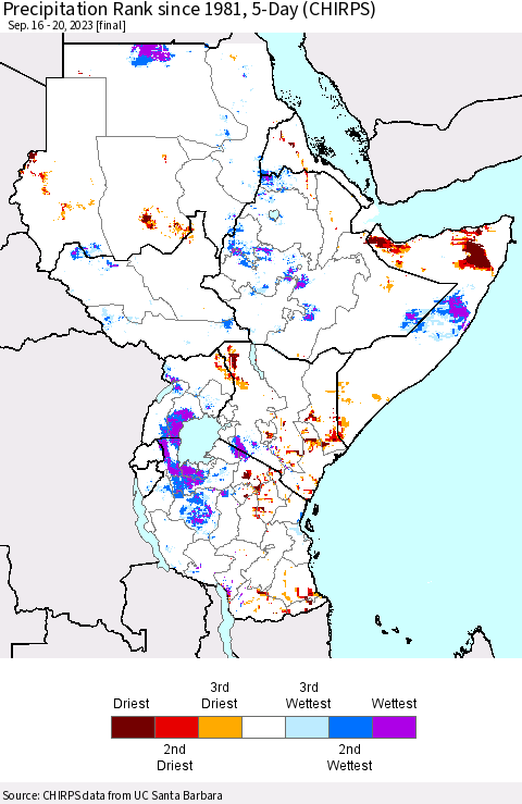Eastern Africa Precipitation Rank since 1981, 5-Day (CHIRPS) Thematic Map For 9/16/2023 - 9/20/2023