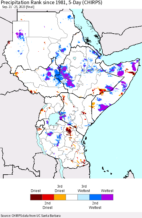 Eastern Africa Precipitation Rank since 1981, 5-Day (CHIRPS) Thematic Map For 9/21/2023 - 9/25/2023
