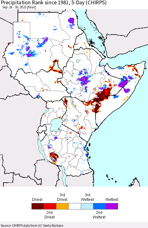 Eastern Africa Precipitation Rank since 1981, 5-Day (CHIRPS) Thematic Map For 9/26/2023 - 9/30/2023