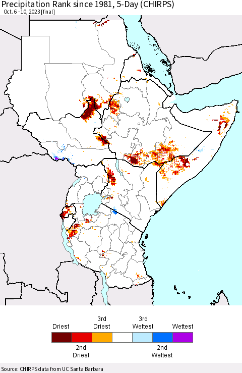 Eastern Africa Precipitation Rank since 1981, 5-Day (CHIRPS) Thematic Map For 10/6/2023 - 10/10/2023