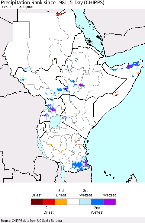 Eastern Africa Precipitation Rank since 1981, 5-Day (CHIRPS) Thematic Map For 10/11/2023 - 10/15/2023