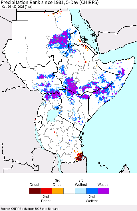 Eastern Africa Precipitation Rank since 1981, 5-Day (CHIRPS) Thematic Map For 10/16/2023 - 10/20/2023