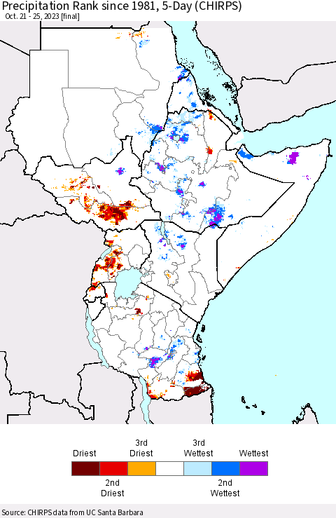 Eastern Africa Precipitation Rank since 1981, 5-Day (CHIRPS) Thematic Map For 10/21/2023 - 10/25/2023