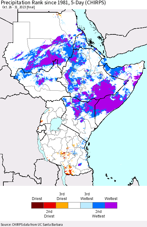 Eastern Africa Precipitation Rank since 1981, 5-Day (CHIRPS) Thematic Map For 10/26/2023 - 10/31/2023