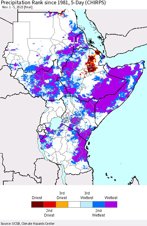 Eastern Africa Precipitation Rank since 1981, 5-Day (CHIRPS) Thematic Map For 11/1/2023 - 11/5/2023