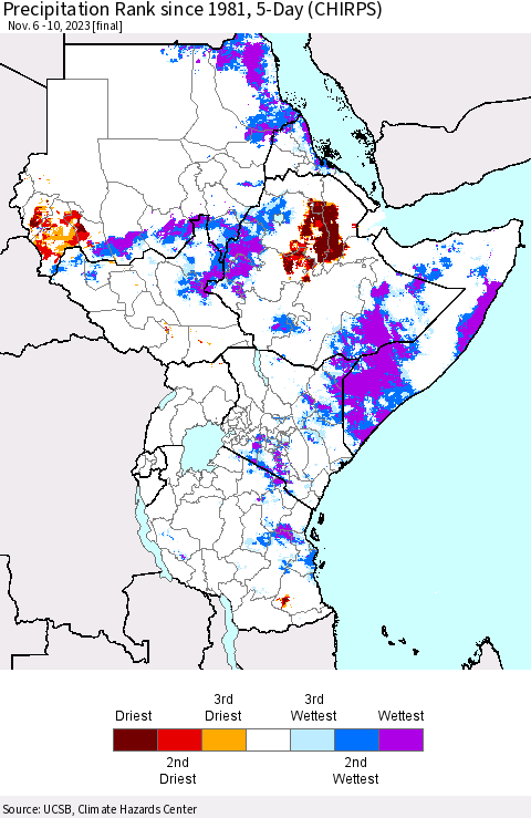Eastern Africa Precipitation Rank since 1981, 5-Day (CHIRPS) Thematic Map For 11/6/2023 - 11/10/2023