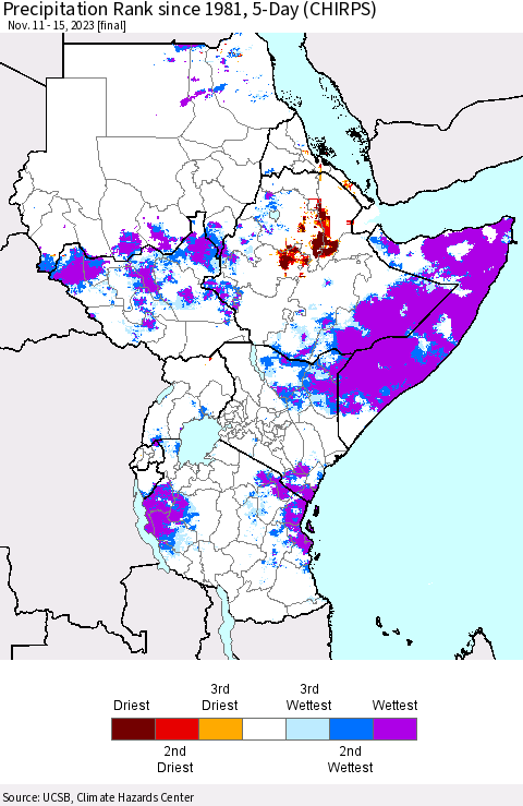 Eastern Africa Precipitation Rank since 1981, 5-Day (CHIRPS) Thematic Map For 11/11/2023 - 11/15/2023