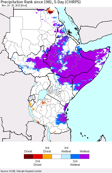 Eastern Africa Precipitation Rank since 1981, 5-Day (CHIRPS) Thematic Map For 11/16/2023 - 11/20/2023