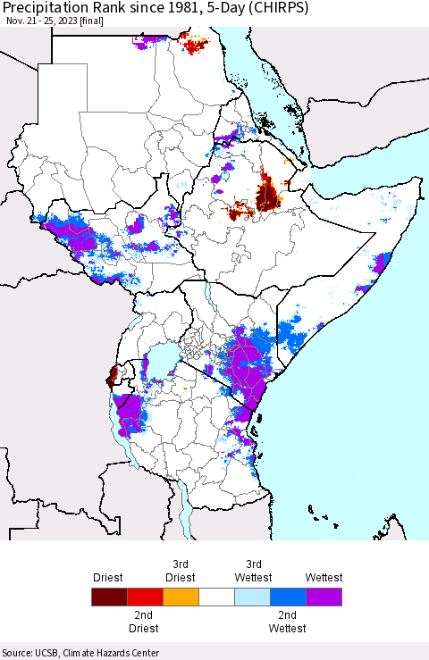 Eastern Africa Precipitation Rank since 1981, 5-Day (CHIRPS) Thematic Map For 11/21/2023 - 11/25/2023