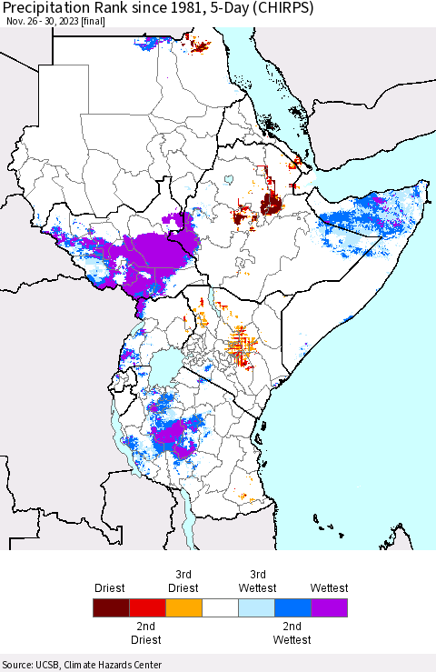 Eastern Africa Precipitation Rank since 1981, 5-Day (CHIRPS) Thematic Map For 11/26/2023 - 11/30/2023
