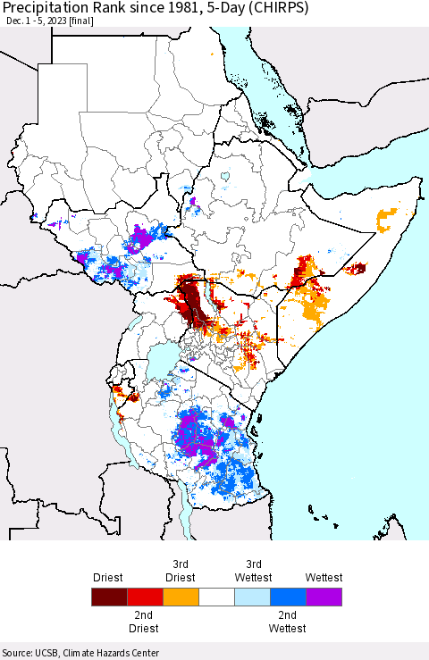 Eastern Africa Precipitation Rank since 1981, 5-Day (CHIRPS) Thematic Map For 12/1/2023 - 12/5/2023