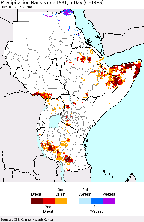 Eastern Africa Precipitation Rank since 1981, 5-Day (CHIRPS) Thematic Map For 12/16/2023 - 12/20/2023