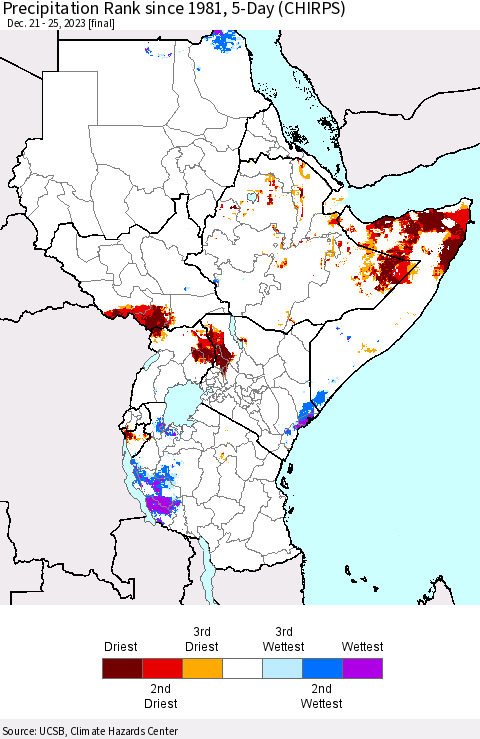 Eastern Africa Precipitation Rank since 1981, 5-Day (CHIRPS) Thematic Map For 12/21/2023 - 12/25/2023
