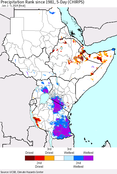 Eastern Africa Precipitation Rank since 1981, 5-Day (CHIRPS) Thematic Map For 1/1/2024 - 1/5/2024