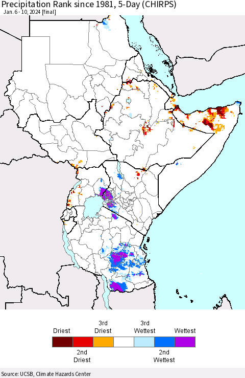 Eastern Africa Precipitation Rank since 1981, 5-Day (CHIRPS) Thematic Map For 1/6/2024 - 1/10/2024