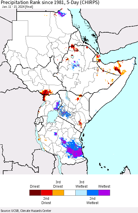 Eastern Africa Precipitation Rank since 1981, 5-Day (CHIRPS) Thematic Map For 1/11/2024 - 1/15/2024