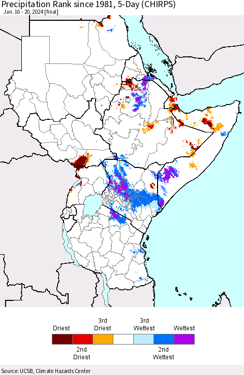 Eastern Africa Precipitation Rank since 1981, 5-Day (CHIRPS) Thematic Map For 1/16/2024 - 1/20/2024