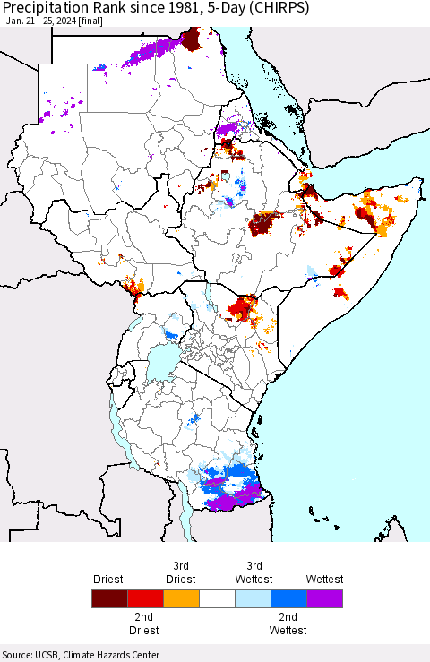 Eastern Africa Precipitation Rank since 1981, 5-Day (CHIRPS) Thematic Map For 1/21/2024 - 1/25/2024