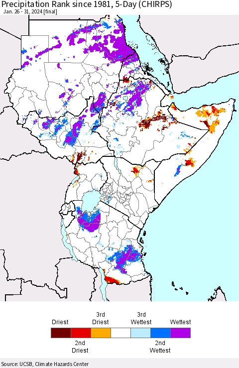 Eastern Africa Precipitation Rank since 1981, 5-Day (CHIRPS) Thematic Map For 1/26/2024 - 1/31/2024