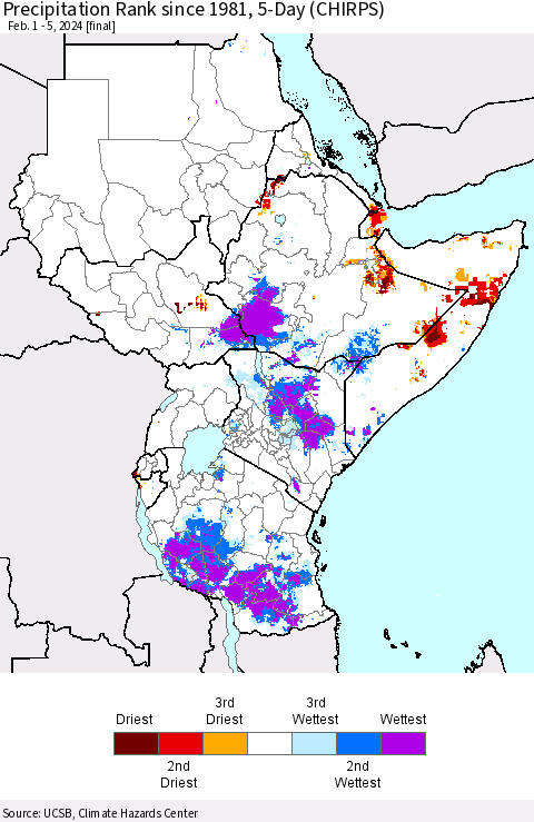 Eastern Africa Precipitation Rank since 1981, 5-Day (CHIRPS) Thematic Map For 2/1/2024 - 2/5/2024