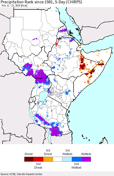 Eastern Africa Precipitation Rank since 1981, 5-Day (CHIRPS) Thematic Map For 2/11/2024 - 2/15/2024