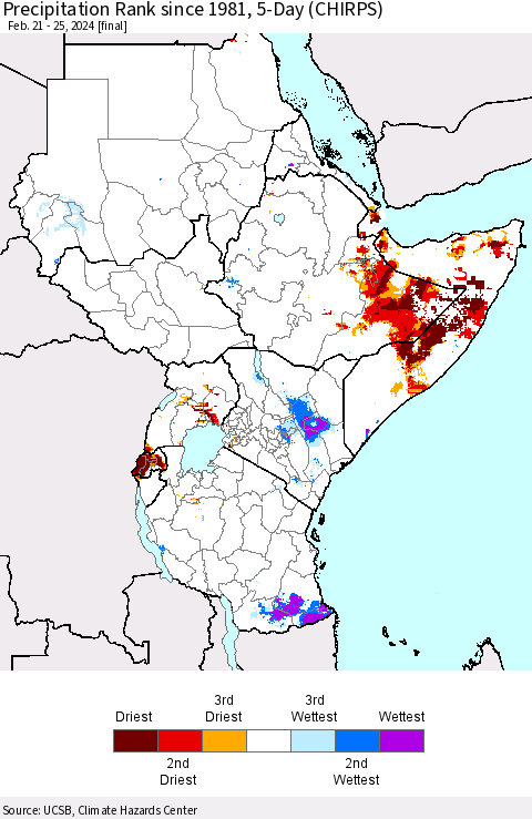 Eastern Africa Precipitation Rank since 1981, 5-Day (CHIRPS) Thematic Map For 2/21/2024 - 2/25/2024
