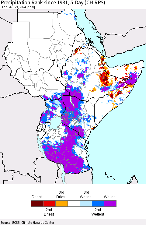 Eastern Africa Precipitation Rank since 1981, 5-Day (CHIRPS) Thematic Map For 2/26/2024 - 2/29/2024