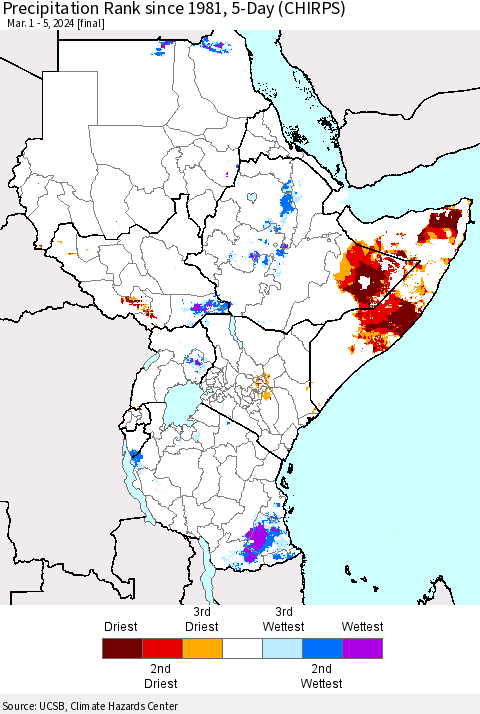 Eastern Africa Precipitation Rank since 1981, 5-Day (CHIRPS) Thematic Map For 3/1/2024 - 3/5/2024