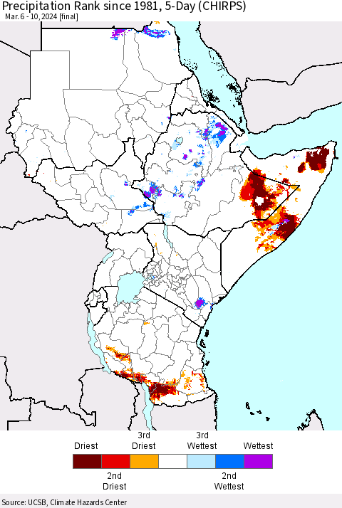 Eastern Africa Precipitation Rank since 1981, 5-Day (CHIRPS) Thematic Map For 3/6/2024 - 3/10/2024
