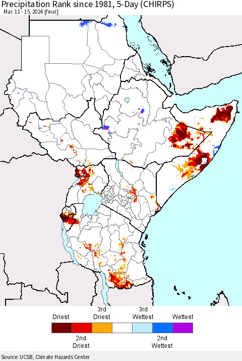 Eastern Africa Precipitation Rank since 1981, 5-Day (CHIRPS) Thematic Map For 3/11/2024 - 3/15/2024
