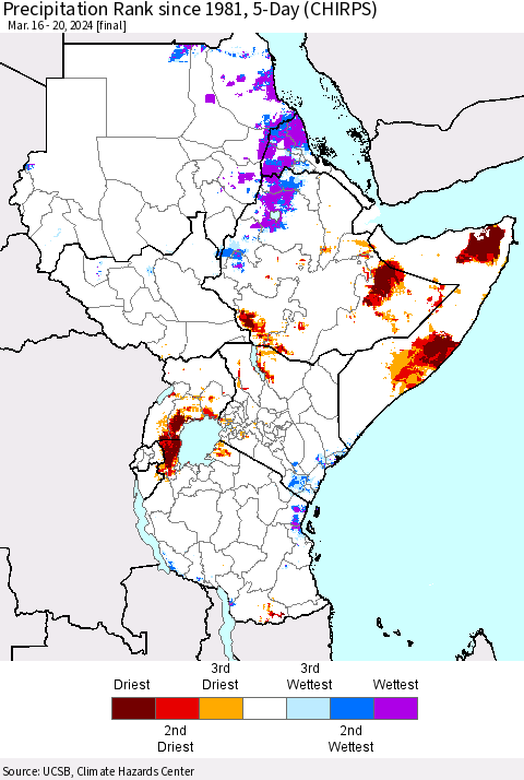 Eastern Africa Precipitation Rank since 1981, 5-Day (CHIRPS) Thematic Map For 3/16/2024 - 3/20/2024