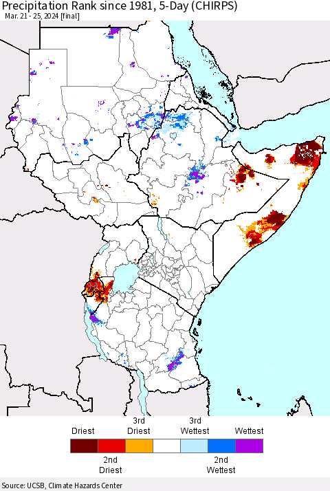 Eastern Africa Precipitation Rank since 1981, 5-Day (CHIRPS) Thematic Map For 3/21/2024 - 3/25/2024