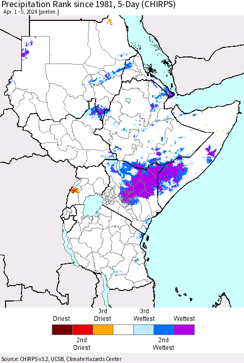 Eastern Africa Precipitation Rank since 1981, 5-Day (CHIRPS) Thematic Map For 4/1/2024 - 4/5/2024