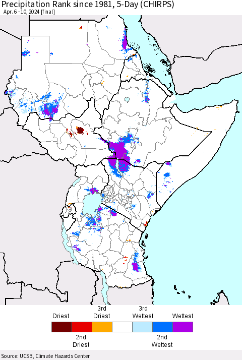Eastern Africa Precipitation Rank since 1981, 5-Day (CHIRPS) Thematic Map For 4/6/2024 - 4/10/2024