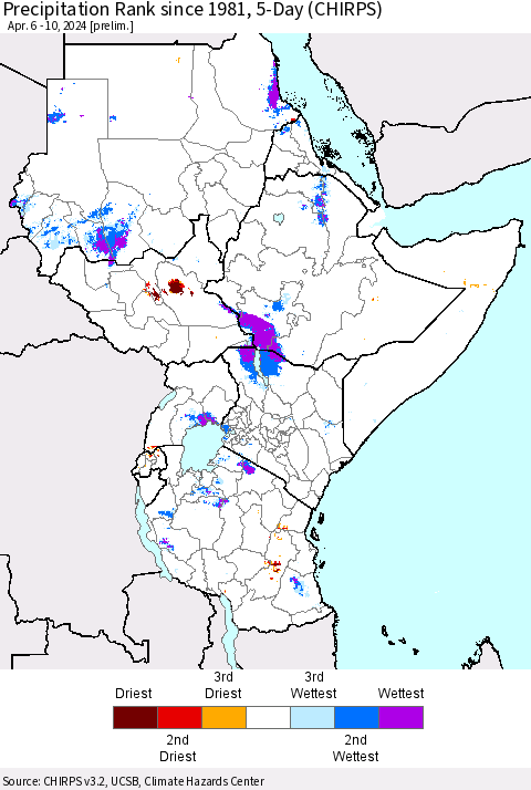 Eastern Africa Precipitation Rank since 1981, 5-Day (CHIRPS) Thematic Map For 4/6/2024 - 4/10/2024