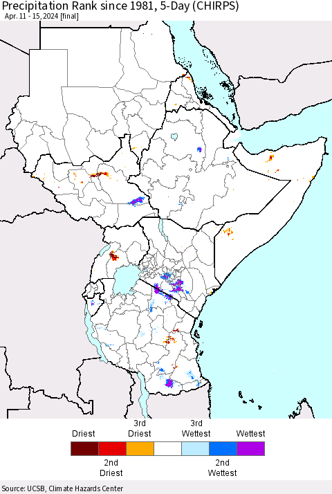 Eastern Africa Precipitation Rank since 1981, 5-Day (CHIRPS) Thematic Map For 4/11/2024 - 4/15/2024