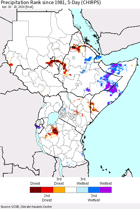 Eastern Africa Precipitation Rank since 1981, 5-Day (CHIRPS) Thematic Map For 4/16/2024 - 4/20/2024