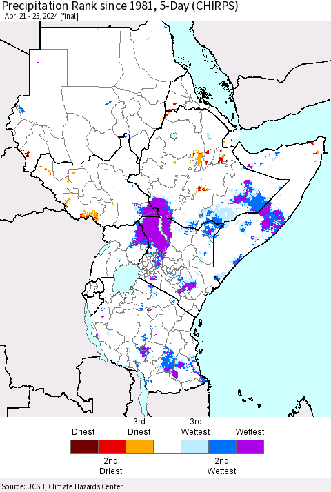 Eastern Africa Precipitation Rank since 1981, 5-Day (CHIRPS) Thematic Map For 4/21/2024 - 4/25/2024