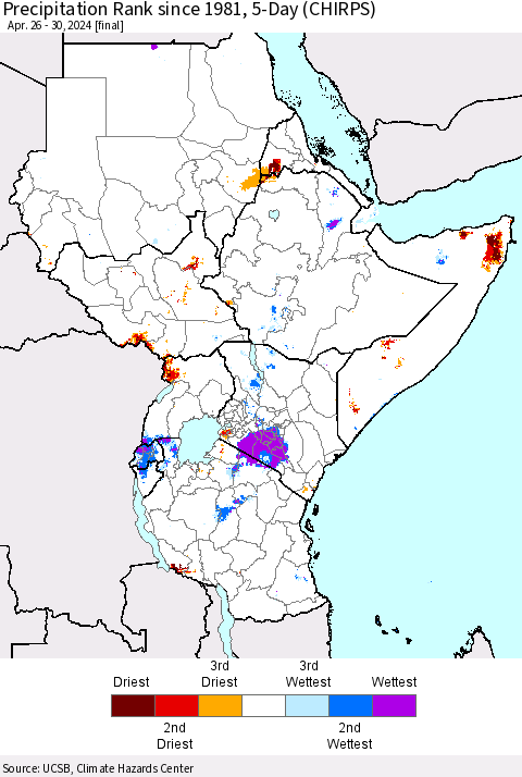 Eastern Africa Precipitation Rank since 1981, 5-Day (CHIRPS) Thematic Map For 4/26/2024 - 4/30/2024