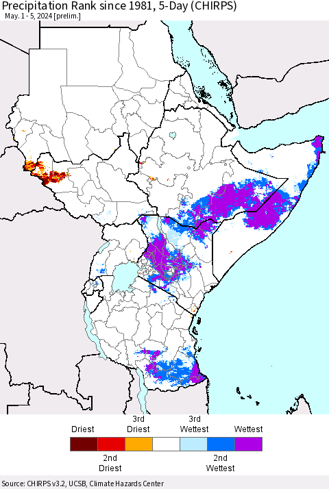 Eastern Africa Precipitation Rank since 1981, 5-Day (CHIRPS) Thematic Map For 5/1/2024 - 5/5/2024