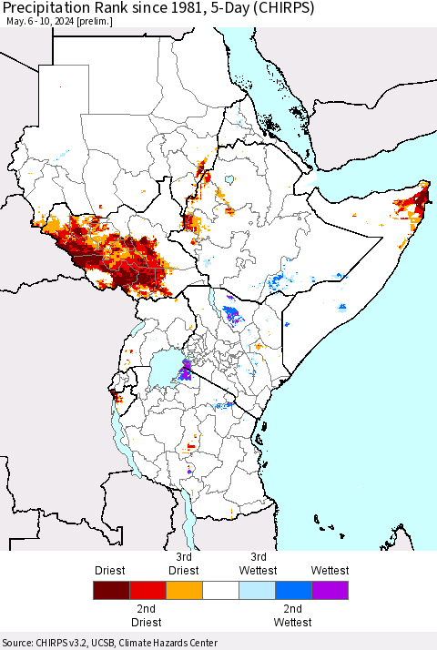 Eastern Africa Precipitation Rank since 1981, 5-Day (CHIRPS) Thematic Map For 5/6/2024 - 5/10/2024
