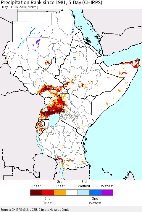 Eastern Africa Precipitation Rank since 1981, 5-Day (CHIRPS) Thematic Map For 5/11/2024 - 5/15/2024