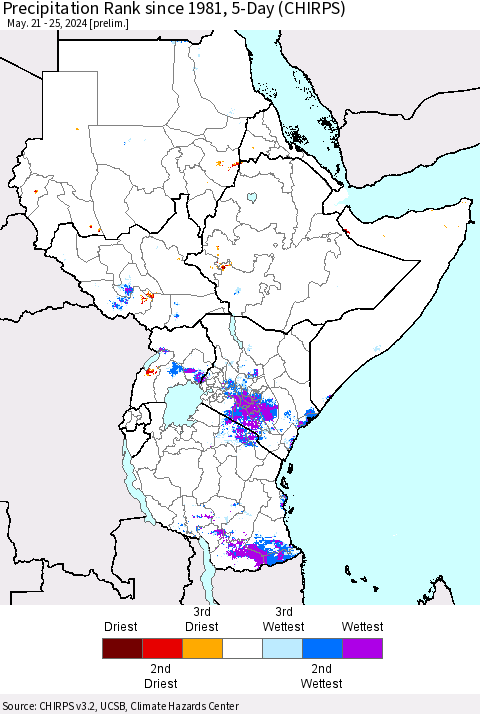 Eastern Africa Precipitation Rank since 1981, 5-Day (CHIRPS) Thematic Map For 5/21/2024 - 5/25/2024