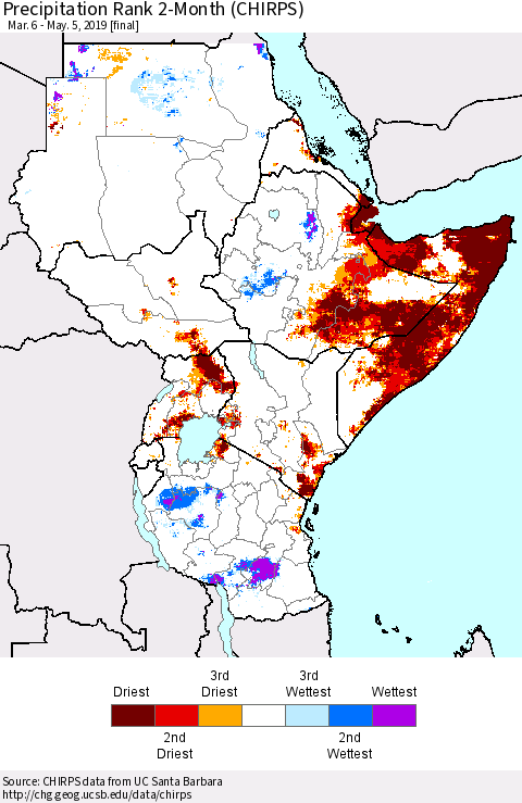 Eastern Africa Precipitation Rank since 1981, 2-Month (CHIRPS) Thematic Map For 3/6/2019 - 5/5/2019