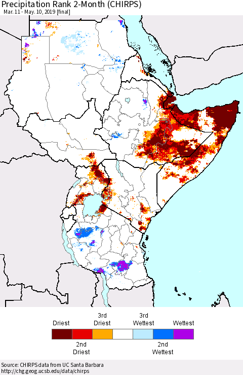 Eastern Africa Precipitation Rank since 1981, 2-Month (CHIRPS) Thematic Map For 3/11/2019 - 5/10/2019