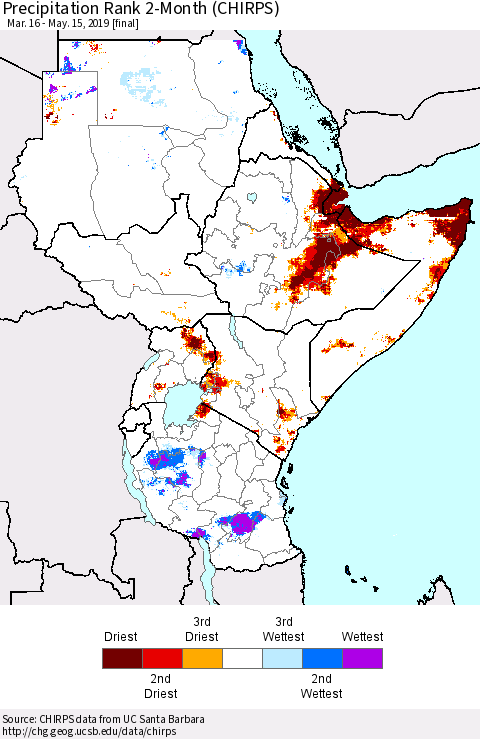 Eastern Africa Precipitation Rank since 1981, 2-Month (CHIRPS) Thematic Map For 3/16/2019 - 5/15/2019
