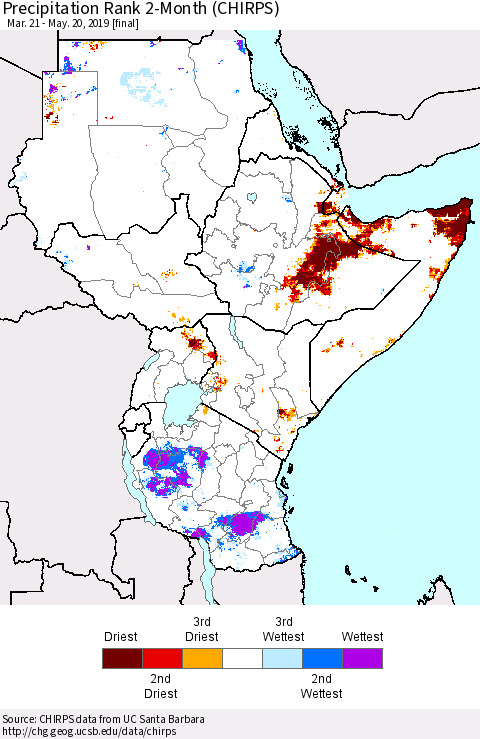 Eastern Africa Precipitation Rank since 1981, 2-Month (CHIRPS) Thematic Map For 3/21/2019 - 5/20/2019